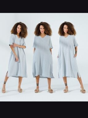 Linenia V-Neck Linen Tunic Dress, Medium